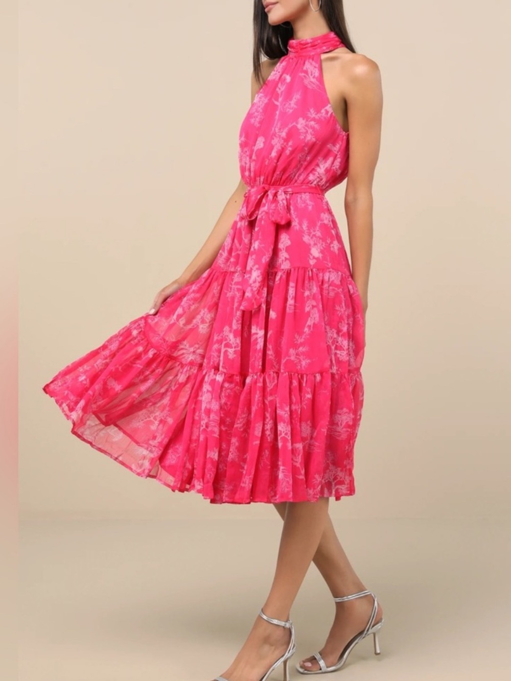 NWOT - Lulu's Hot Pink Floral Print Halter-Neck Tiered Midi Dress - Picture 6 of 11